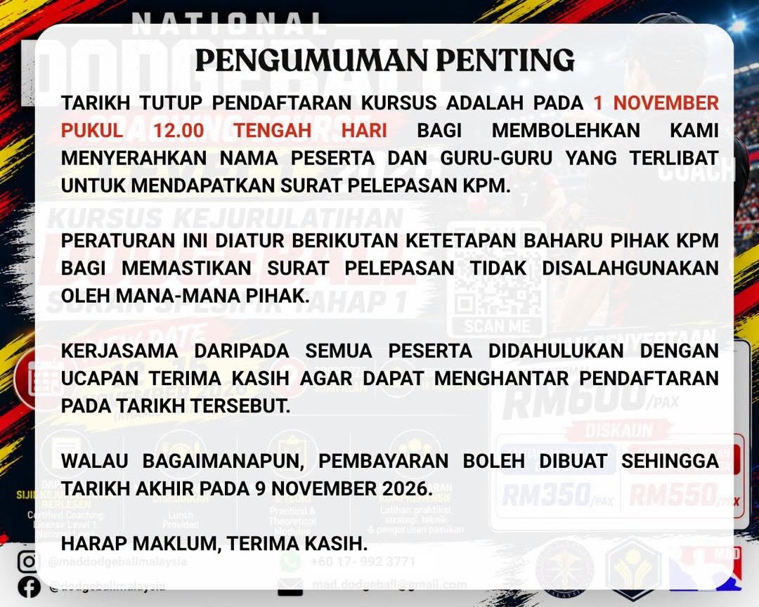 Pengumuman penting: tarikh tutup pendaftaran kursus 1 November 2026, 12.00 tengah hari