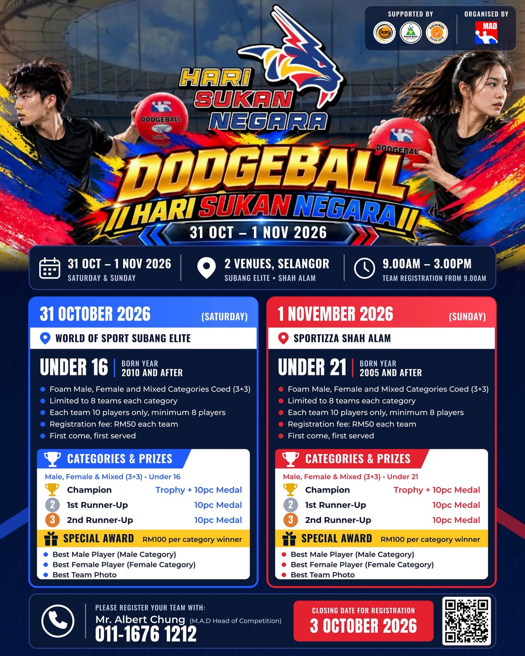 Hari Sukan Negara 2.0 Dodgeball poster – 31 October to 1 November 2026, World of Sport Subang Elite and Sportizza Shah Alam